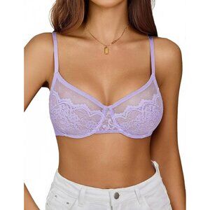 Women's Purple Lace Balco nette Underwire Unlined Sheer Lingerie Bra